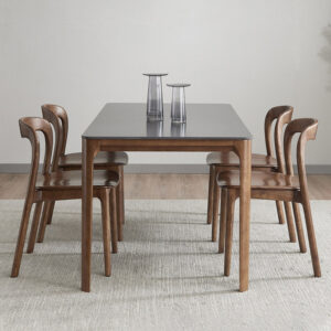 Wooden table and chairs in a minimalistItalian hotel restaurant
