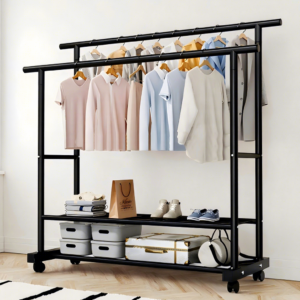 Large capacity movable double pole cloth rack and hat rack storage device