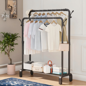 Upgraded double pole metal cloth rack with hooks, multifunctional rust proof clothing rack, bedroom clothing storage rack