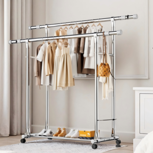 Bedroom balcony bag, single-layer telescopic stainless steel double pole movable environmentally friendly clothing storage, clothes drying rack