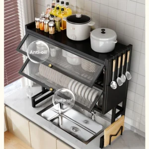 Multi functional dust-proof double-layer modern kitchen sink storage rack, countertop metal carbon steel bowl rack