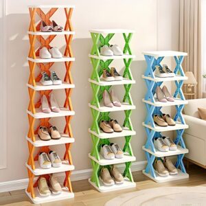 Multi layer vertical narrow high shoe rack, sturdy and stackable shoe cabinet
