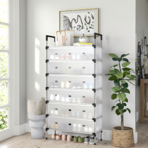 7-layer metal shoe rack with dust cover for shoe storage