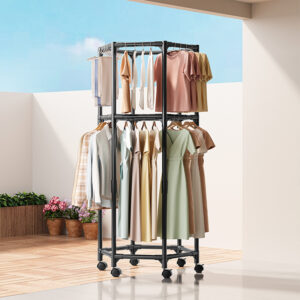 Hexagonal drying rack, double-layer large capacity metal cloth rack, movable