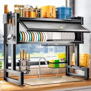 Large capacity carbon steel kitchen accessories storage rack, dishes, dishwashing sink drainage rack, flip cover tableware