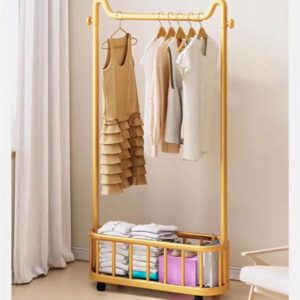 Single pole metal coat rack with storage basket and rust proof clothes drying rack for bedroom balcony