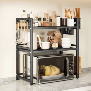 Customized 2-layer carbon steel extendable microwave shelf, kitchen accessory storage rack with knife holder and chopstick holder