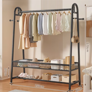 Customized large capacity double-layer anti rust clothes rack for bedroom, carbon steel clothes hanger storage rack, bagged