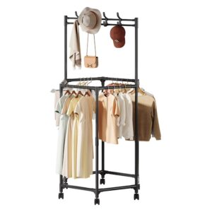 Customizable Double-Layer Hexagonal Metal Mobile Clothes Rack with Hooks for Bedroom Balcony