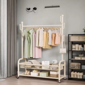 Customizable metal movable clothing rack with double-layer and storage basket