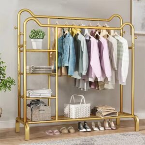 Carbon steel double pole clothes hanger with storage rack, new design, metal cat ear clothes hanger, bedroom hanging rack