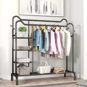 Cat Ear Multifunctional Clothing Rack Double Rod Long Coat Storage Device with Storage Rack, Used for Clothing, Shoes, Bags, Metal Materials