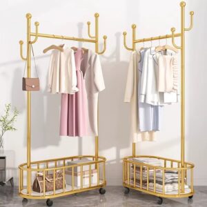 Customized movable single pole metal clothes hanger with storage basket and hook, used for bedroom balcony clothes hanger