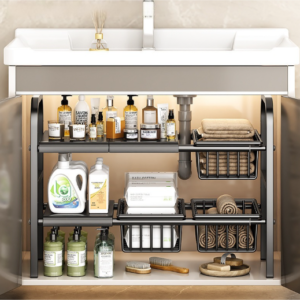 2-layer carbon steel sink, kitchen accessories storage rack, adjustable sliding storage container, sink cabinet