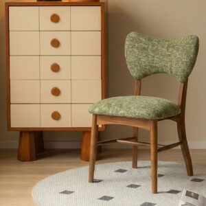 French linen fabric dining chair, cushioned solid wood frame retro casual chair