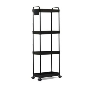 Mobile four layer plastic storage rack with wheels, standing upright folding household storage rack