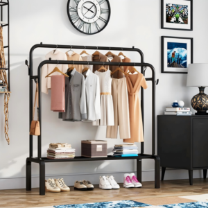 130cm metal double pole coat rack with storage rack and hooks