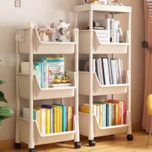 Mobile bookshelf toy storage rack for household use