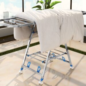 Stainless steel folding 2-layer modern drying rack with lock wheel wing shaped movable floor standing balcony